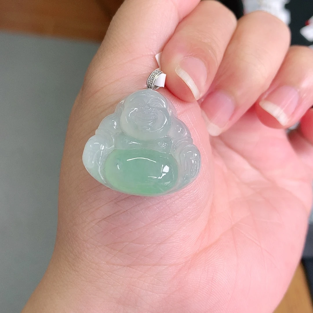翡翠18K金镶嵌颈饰冰飘绿佛公26-27-6如