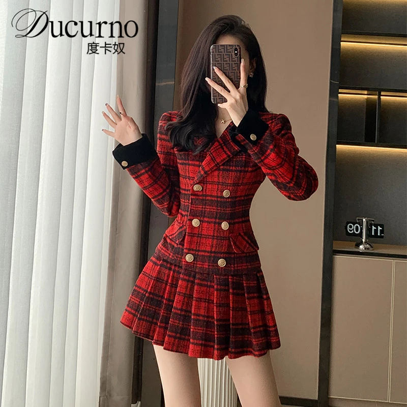 2025年秋季新款女装小香风高级感红色洋装女秋季小众设计西装裙