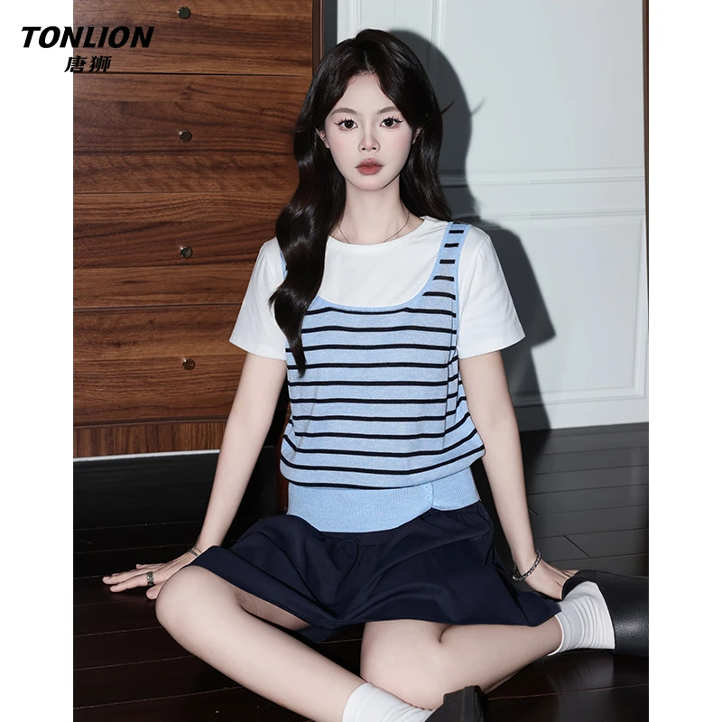 唐狮韩系浅蓝条纹圆领正肩T恤女夏季百搭宽松假两件小衫短袖上衣