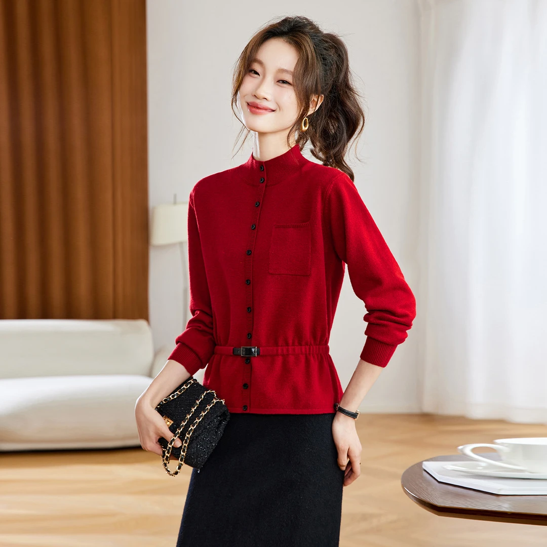 时尚品牌2026新年本命红色收腰针织衫百搭假开衫羊毛衫上衣