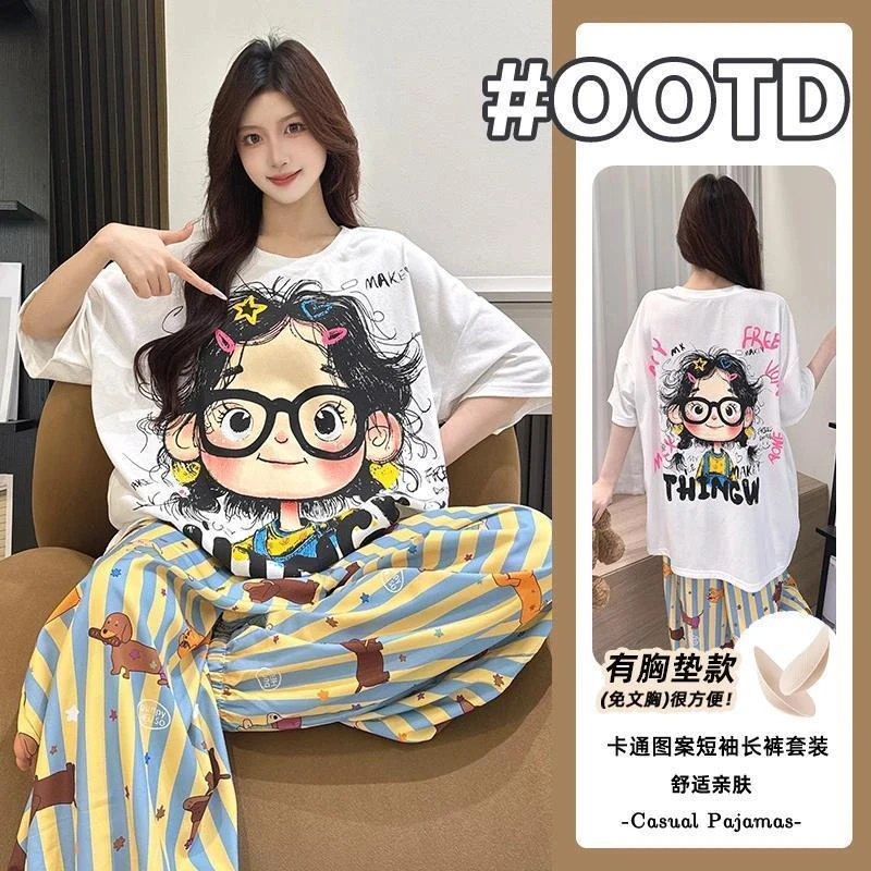 2025新款夏季学生睡衣女士短袖长裤束脚带胸垫家居服套装女可外穿