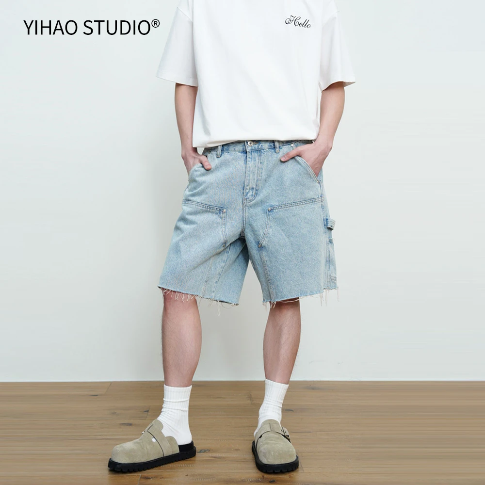 YIHAO STUDIO夏季男款潮流牛仔短裤时尚百搭宽松休闲毛边五分裤