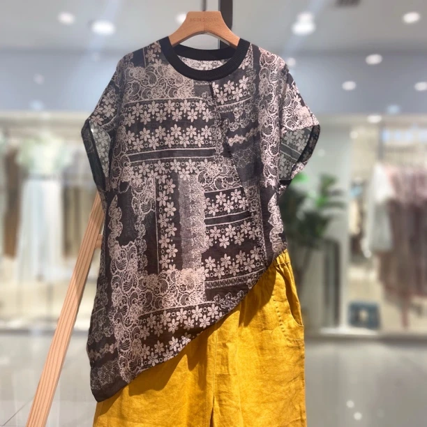 圆领不对称宽松印花短袖T恤领夏季休闲百搭时尚