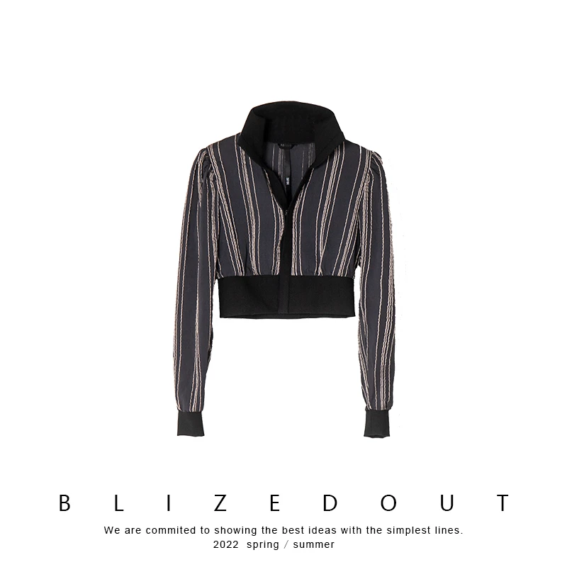 笔里【BLIZEDOUT】小众设计 深紫色竖条纹短外外套81302