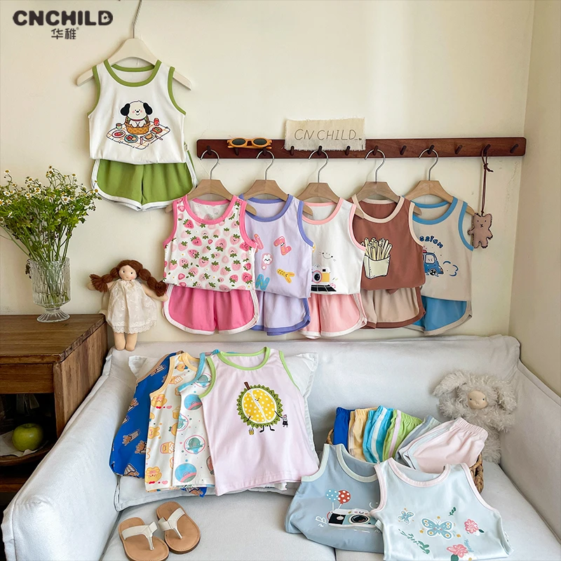 华稚新款夏季瞬息凉感韩系卡通纯棉儿童背心套装可外穿