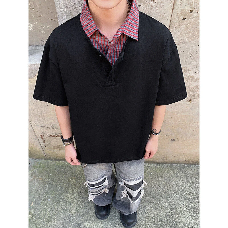 藏青色假两件衬衫领短袖男款夏季格子翻领t恤美式复古青少年半袖