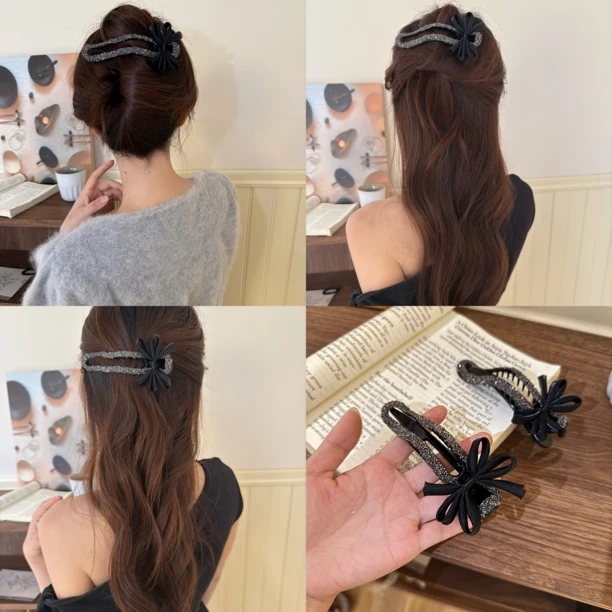 气质碎钻蝴蝶结发卡抓夹女后脑勺懒人盘发神器鸭嘴夹一字夹子头饰