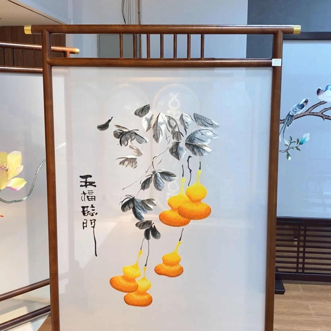 木（非红木类）苏绣五福临门屏风