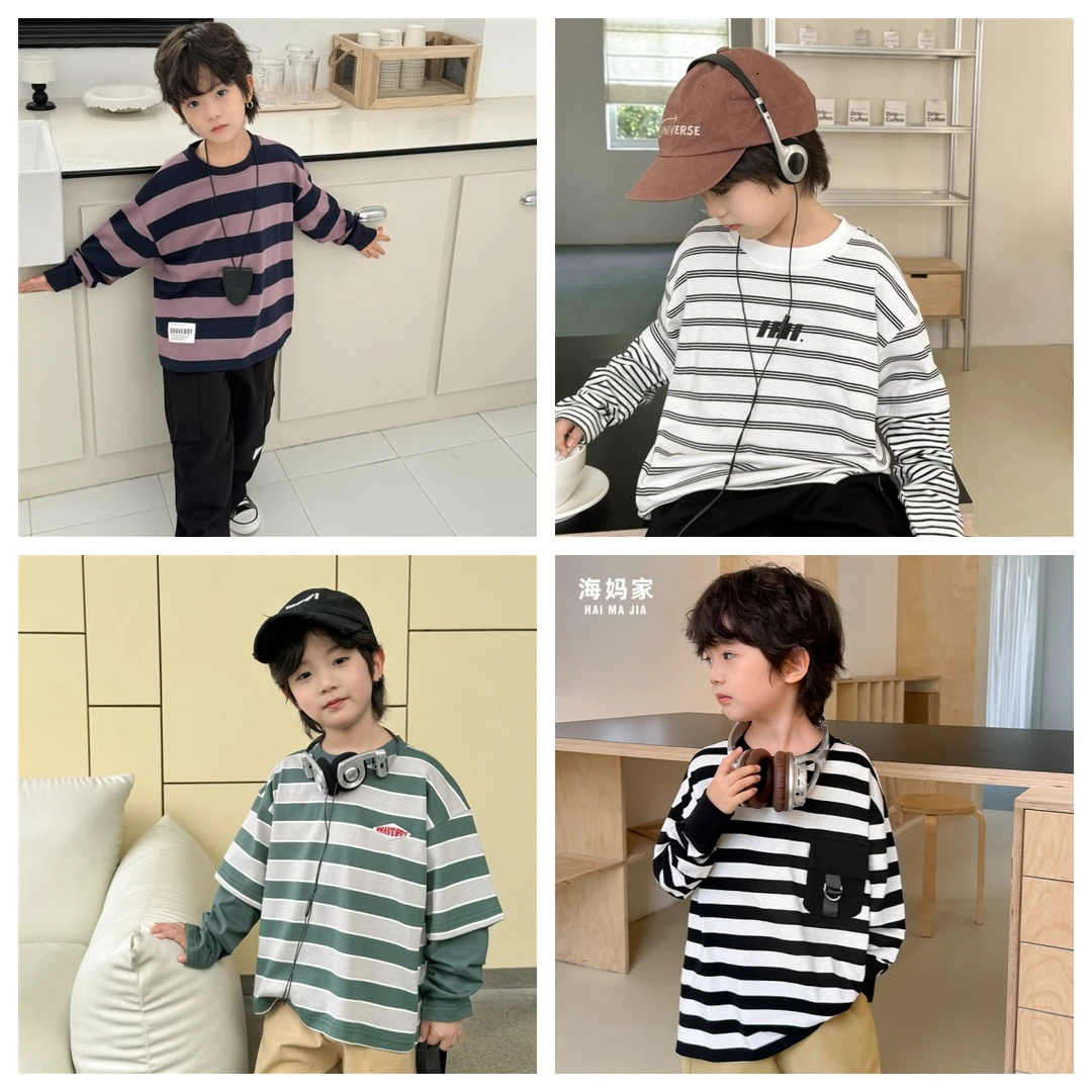 【条纹长袖福利】男童长袖假两件T恤春秋新款中大童条纹上衣|24aa35