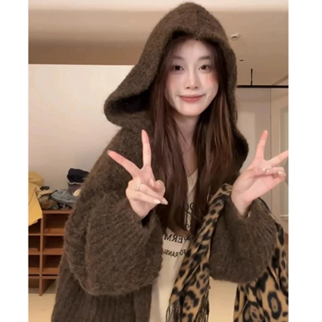 慵懒感软糯连帽毛衣外套女秋冬韩系宽松中长款针织外搭开衫厚