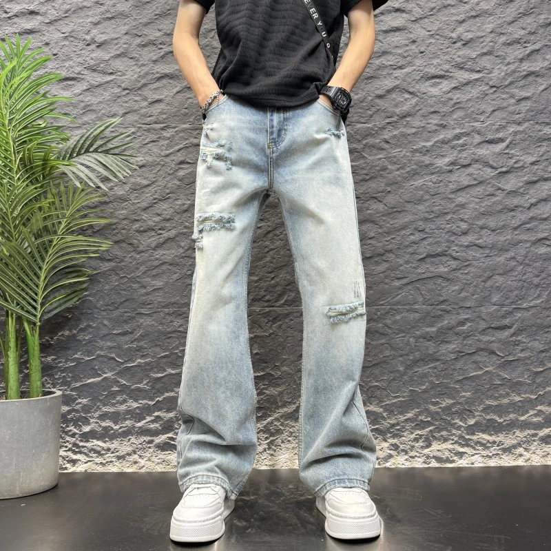 2025新款男士微喇直筒破洞纯色蓝色牛仔宽男士蓝色阔腿牛仔直筒裤