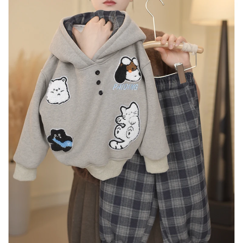 【加厚卫衣】2025新款加绒格子韩版洋气带帽宽松男童卫衣套装