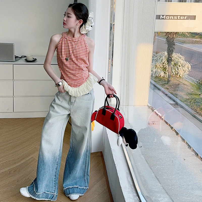 女童韩版格纹蕾丝花边上衣渐变牛仔裤两件套中大童2025年夏季