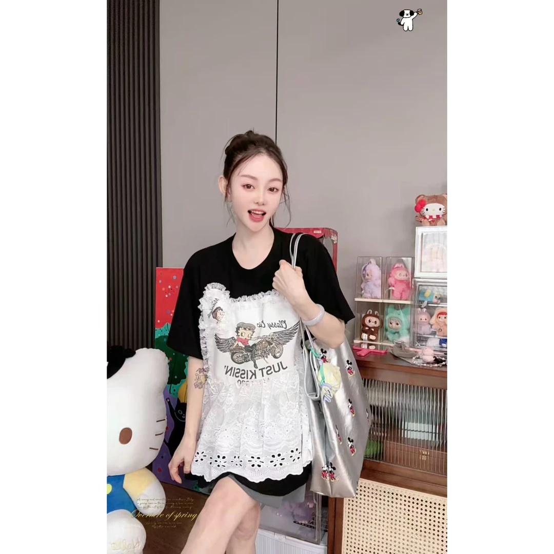 韩版重工拼接蕾丝花边百搭T