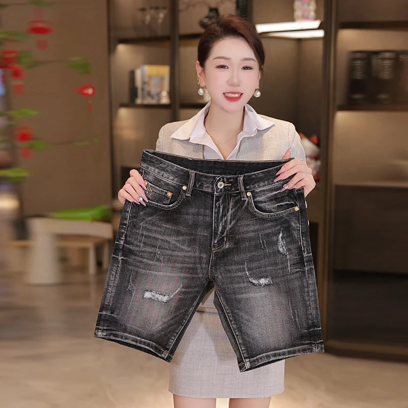 2025夏季新款时尚破洞补丁牛仔短裤男高端潮牌弹力修身直筒五分裤