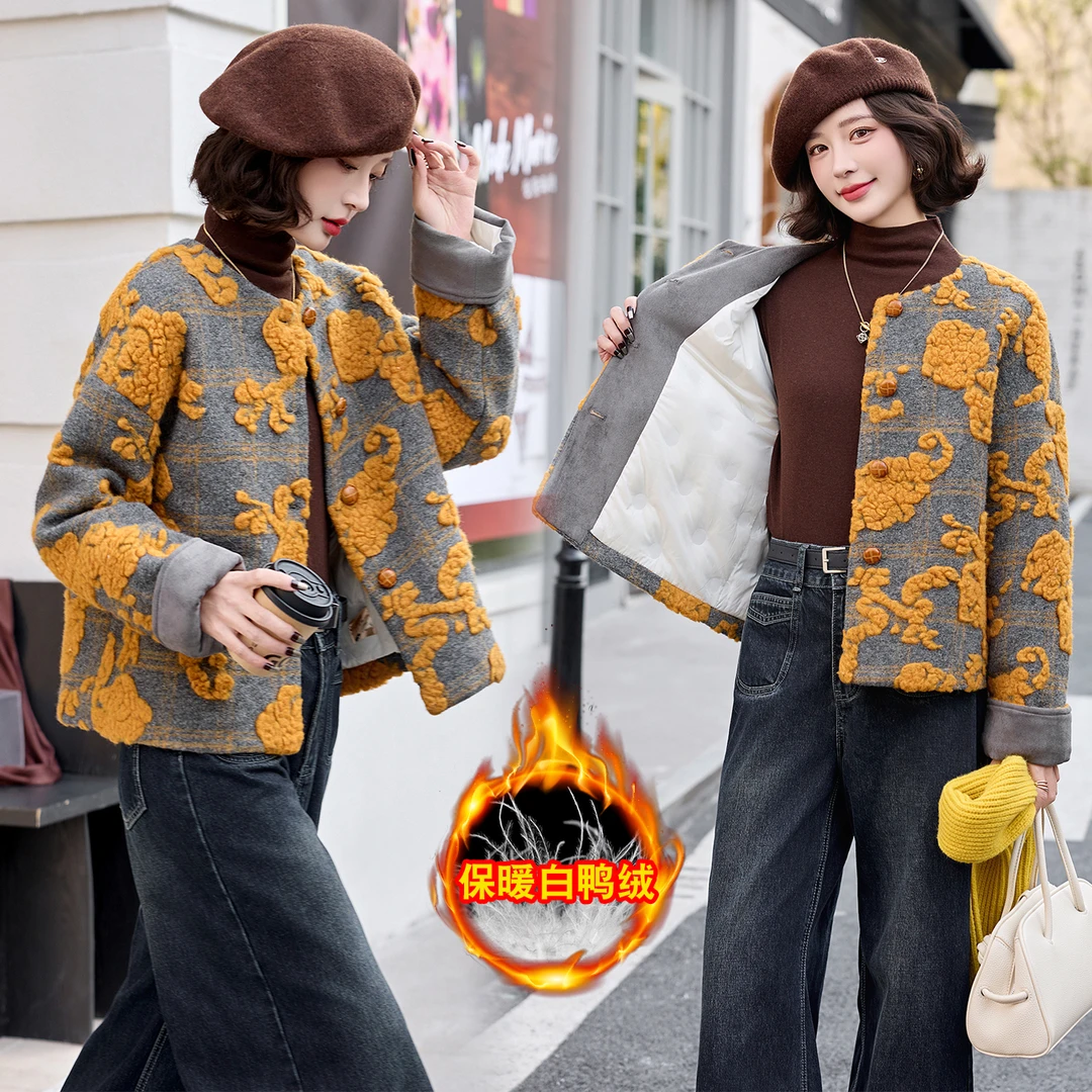 高级感羊毛呢羽绒服女2025冬季新款小个子洋气时髦白鸭绒短款外套
