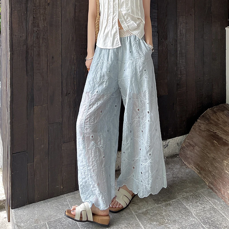 重工刺绣勾花镂空蕾丝九分裤女夏季薄款高级感小个子直筒阔腿裤子