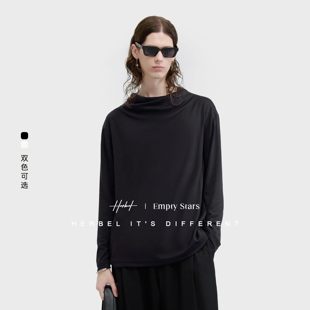 2025春季荡领长袖T恤简约百搭打底休闲风设计感上衣潮