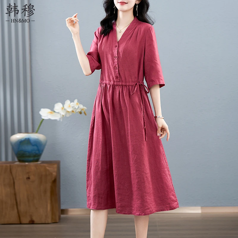 韩穆气质时尚亚麻连衣裙女2025夏季新款薄款大码收腰显瘦妈妈裙子