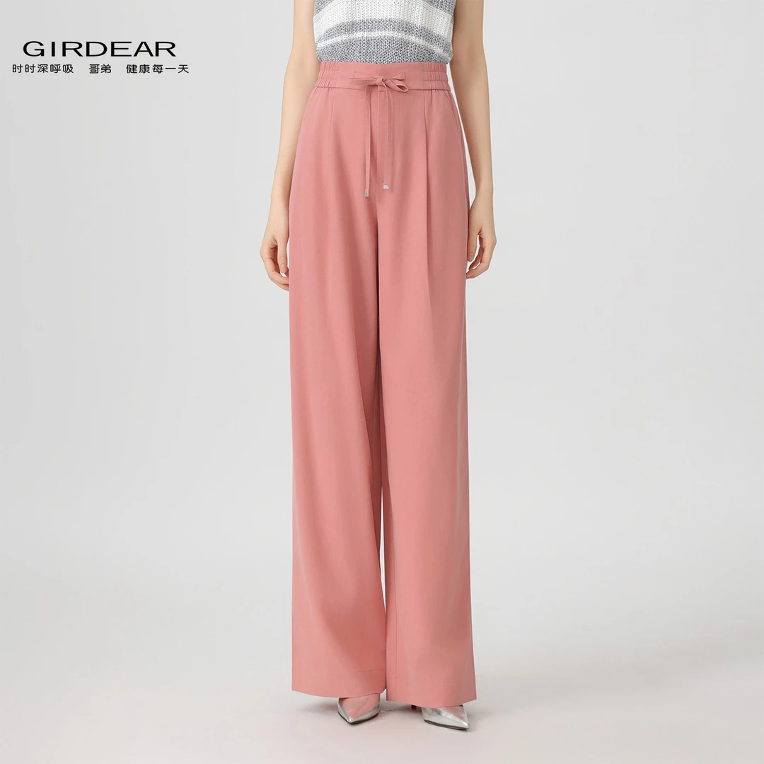 GIRDEAR/哥弟夏日直筒休闲裤条纹高腰系带显瘦亚麻阔腿裤110002