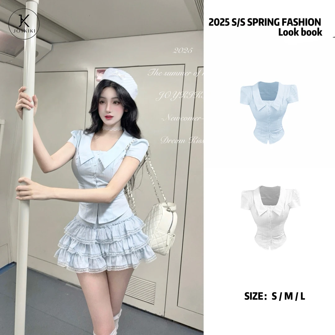 JOY KIKI金金【日杂女友】夏季学院风收腰显瘦方领衬衫 J25B608