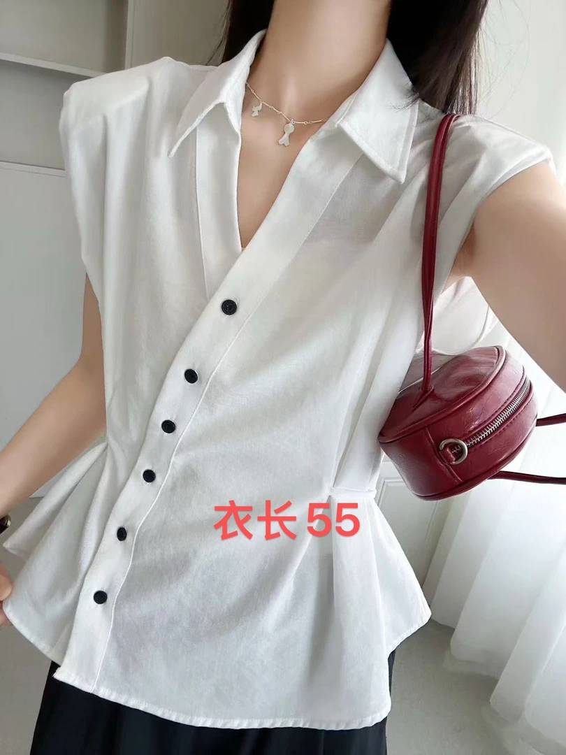 美美推荐6153侧边系带短袖衬衫女夏显瘦上衣