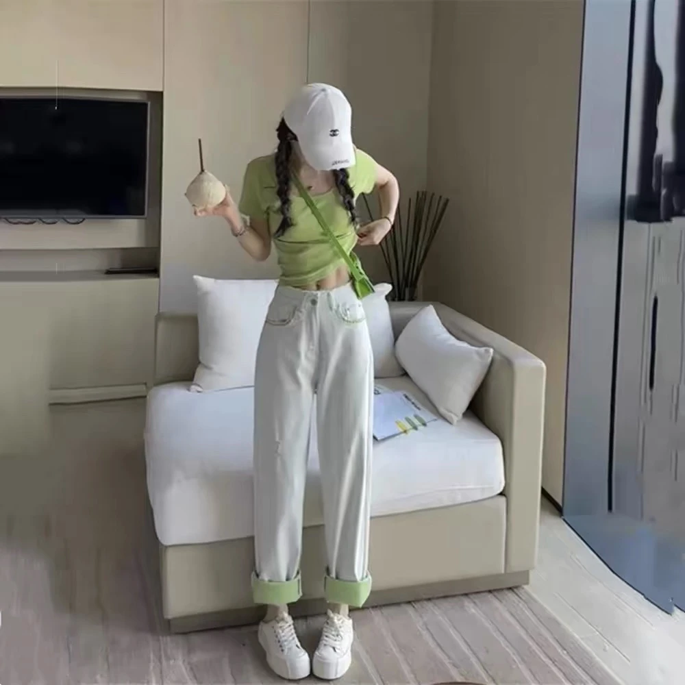 709炸街时尚套装港风女减龄甜辣修身绿色上衣牛仔裤两件套