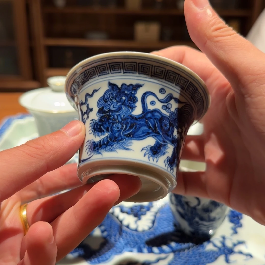 摆件元青花双狮盖碗完美品盖下110cc