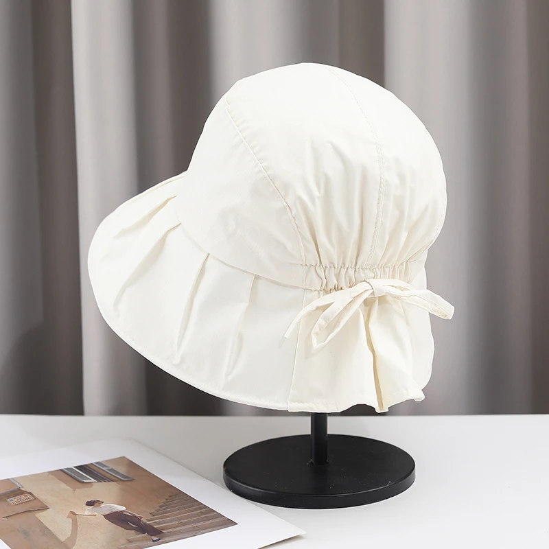 彩胶防晒帽女春夏季防紫外线遮阳便携渔夫帽可折叠纯色系蝴蝶结帽