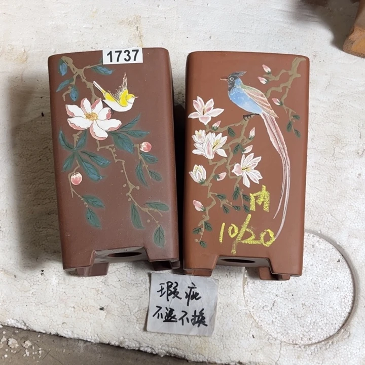紫砂花盆 微瑕紫泥彩绘四方签筒1组1737