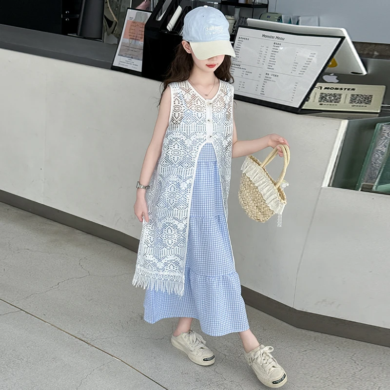 女童夏装连衣裙2025新款女大童夏季韩系裙子儿童休闲蕾丝两件套潮