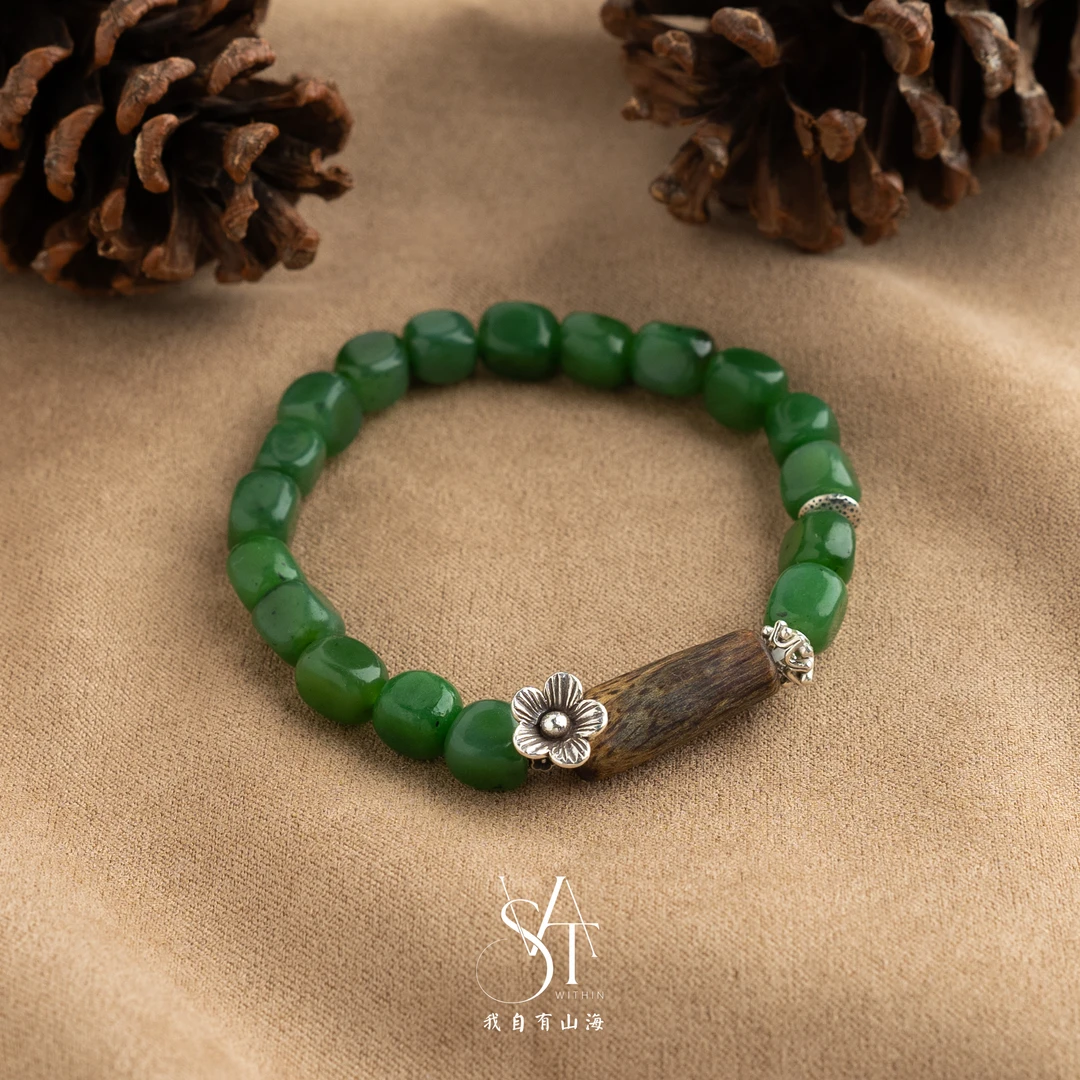 【原创·青苹果】天然和田玉碧玉沉香手链手串