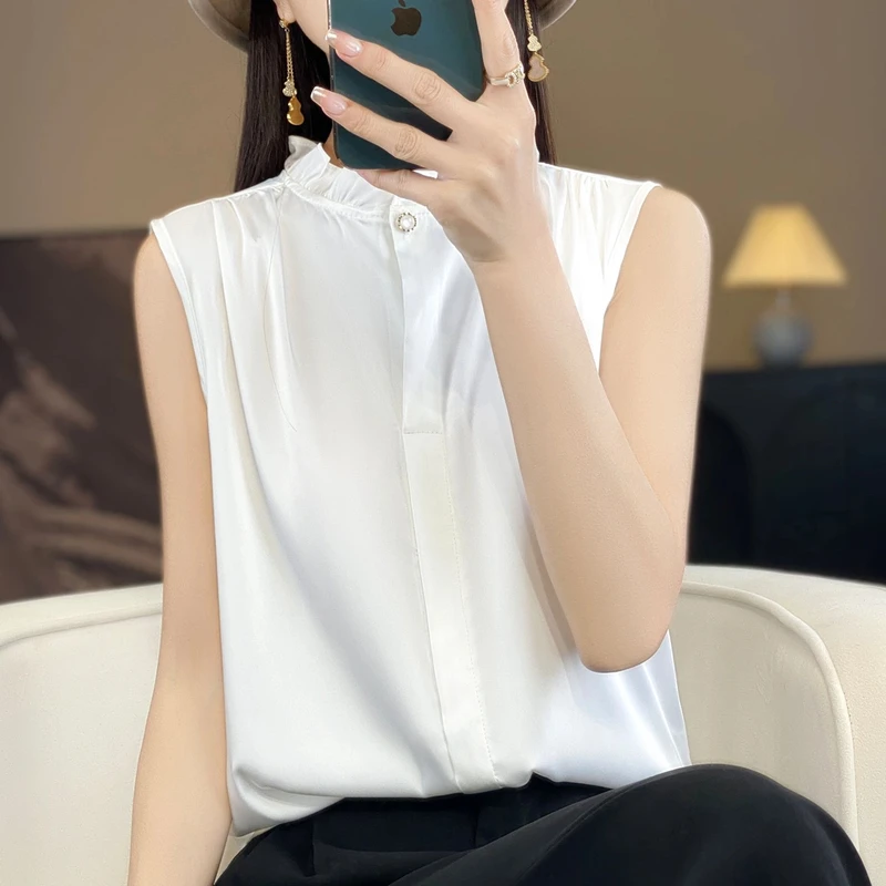 JN0012木耳花边无袖T恤缎面百搭外穿夏季女背心打底洋气显瘦