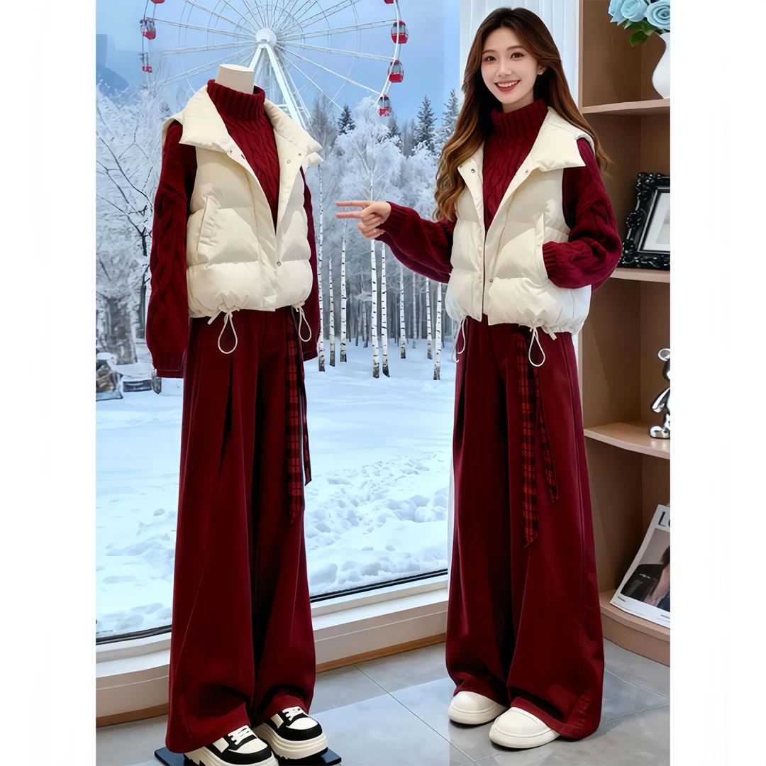 SHALLDOER【暖焰廓形】红色套装女士2025棉服针织上衣阔腿裤三件套