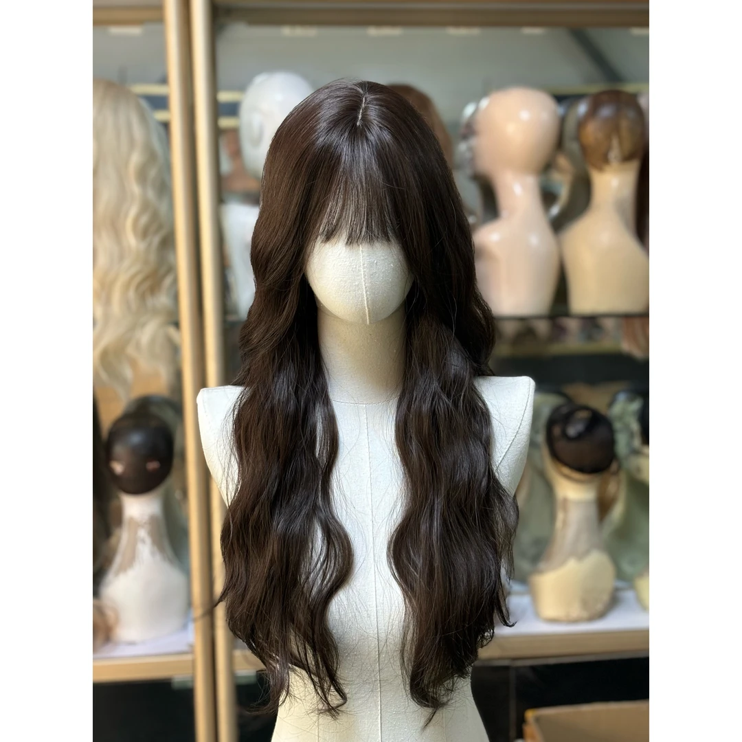 假发女齐刘海黑茶色免戴发网自然百搭羊毛卷时尚逼真仿真人全头套