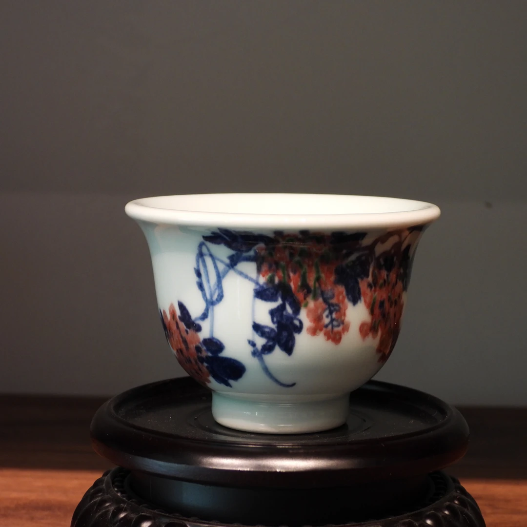 易炎窑原创手工手绘气窑青花釉里红压手杯高端茶具主人杯答谢款
