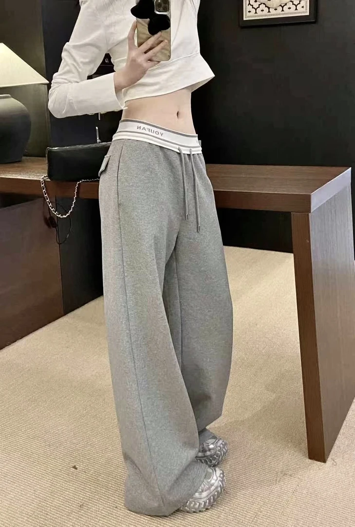 【SHUWO】深圳南油美式黑白灰休闲裤女春秋抽绳卫裤宽松直筒阔腿裤