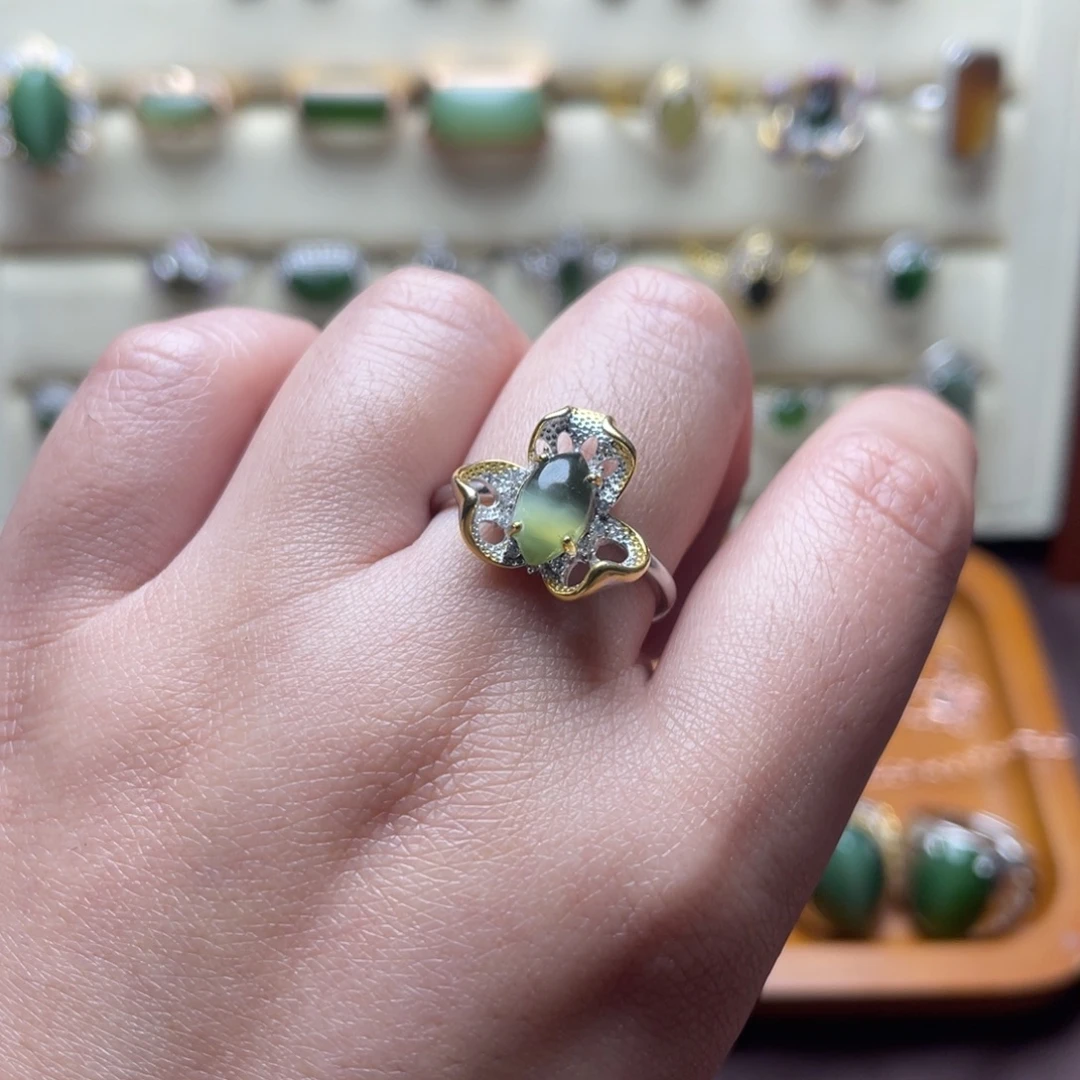 和田玉（碧玉）银S925镶嵌戒指温柔百搭不失个性