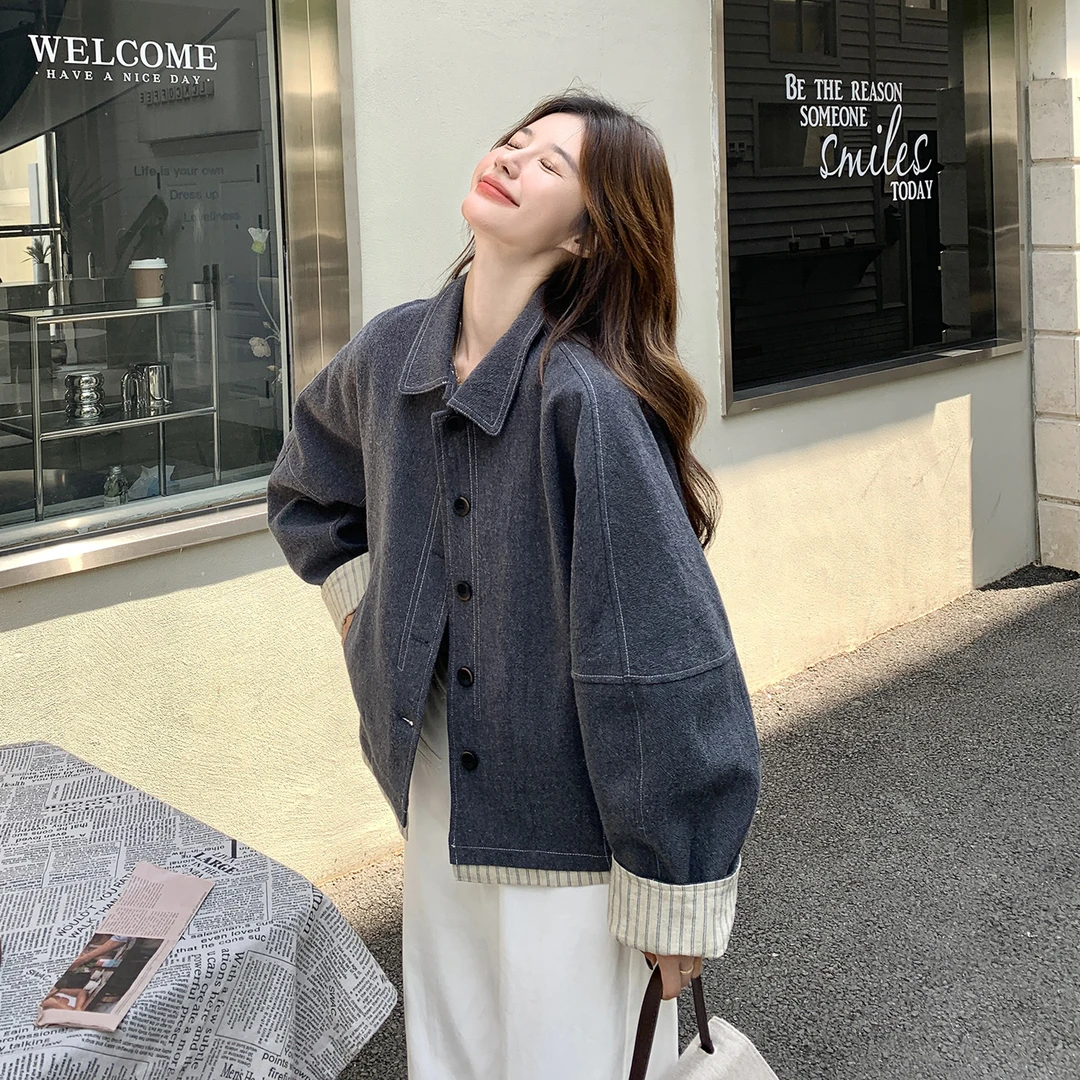 深灰色条纹拼接袖牛仔外套2025早秋小个子工装风气质显瘦百搭上衣