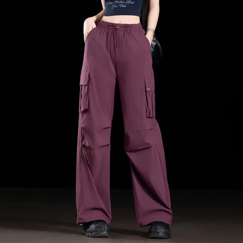 葡萄紫美式速干工装裤女夏季薄款高腰显瘦阔腿裤直筒裤休闲运动裤