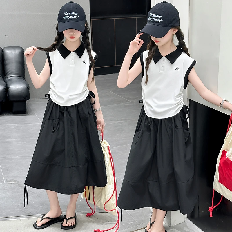 女童夏装套装2025新款小女孩短袖半身裙两件套Polo领休闲洋气韩版