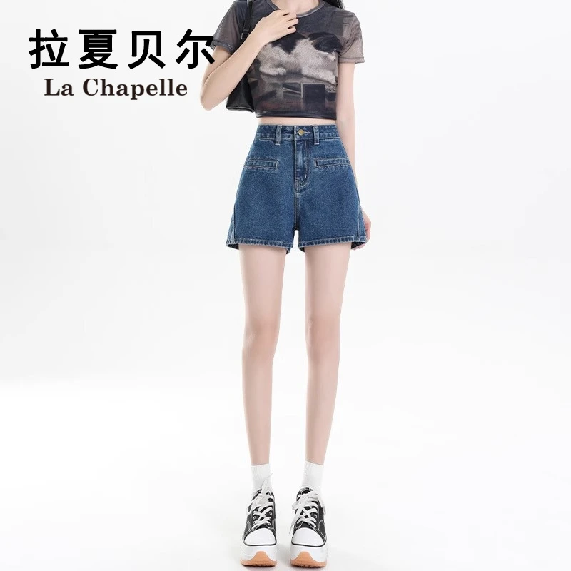 拉夏贝尔蓝色高腰牛仔裤女夏新款蝴蝶结设计感短裤辣妹包臀a字裤