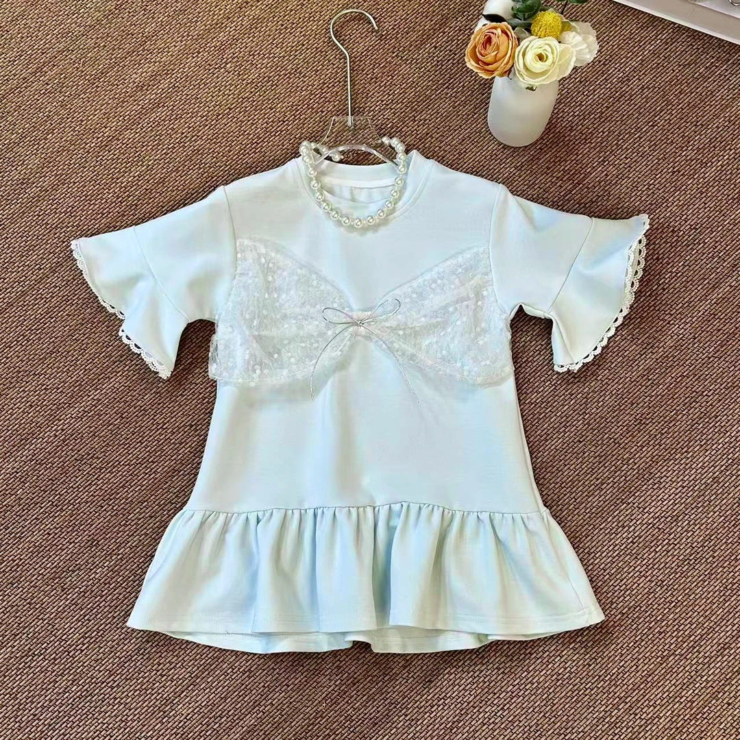 1720女童夏季新款韩版显白冰川蓝大蝴蝶结荷叶边甜美连衣裙洋气