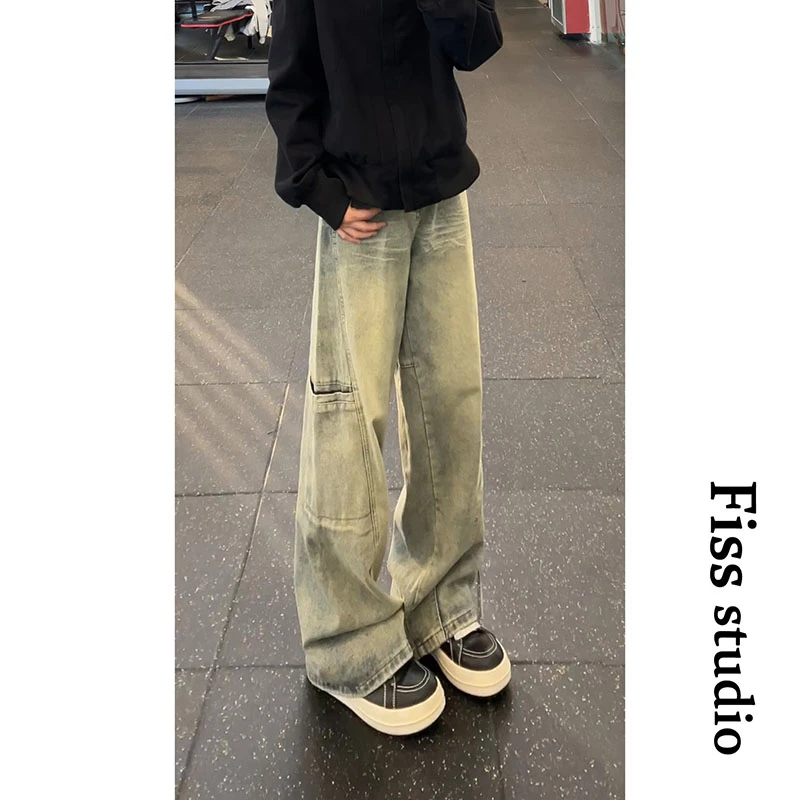 美式新款潮流水洗直筒阔腿工装牛仔裤男女设计感褶皱做旧休闲长裤