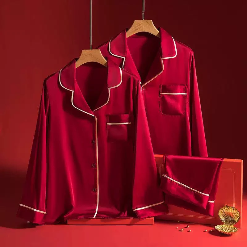 新品.高级轻奢酒红情侣长袖长裤两件套