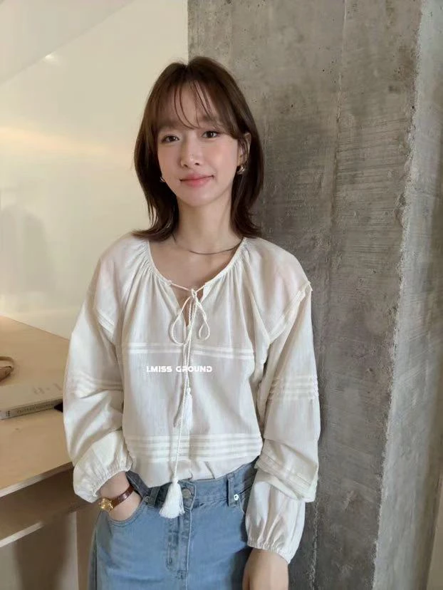 imiss@60670 法式设计感流苏系带压褶衬衫（90天天）6-26
