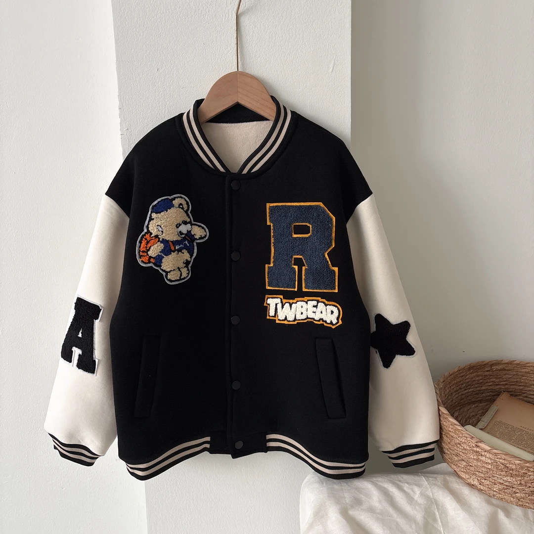 现货【加厚糕糕绒】冬季拼接撞色球服美式重磅宽松夹克外套男女童