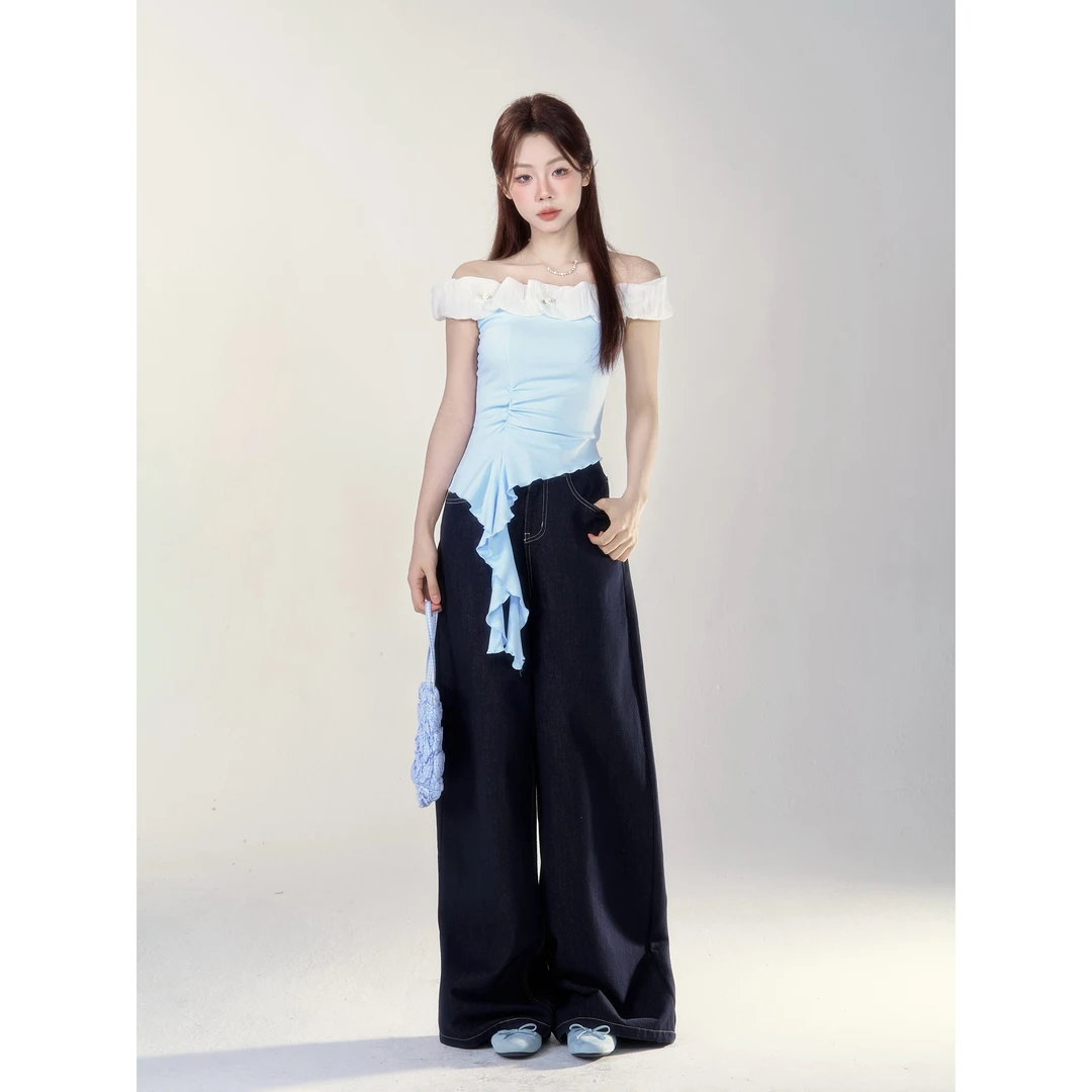 【小野莓】韩系甜美气质设计感飘带褶皱修身一字肩T恤上衣BT47652