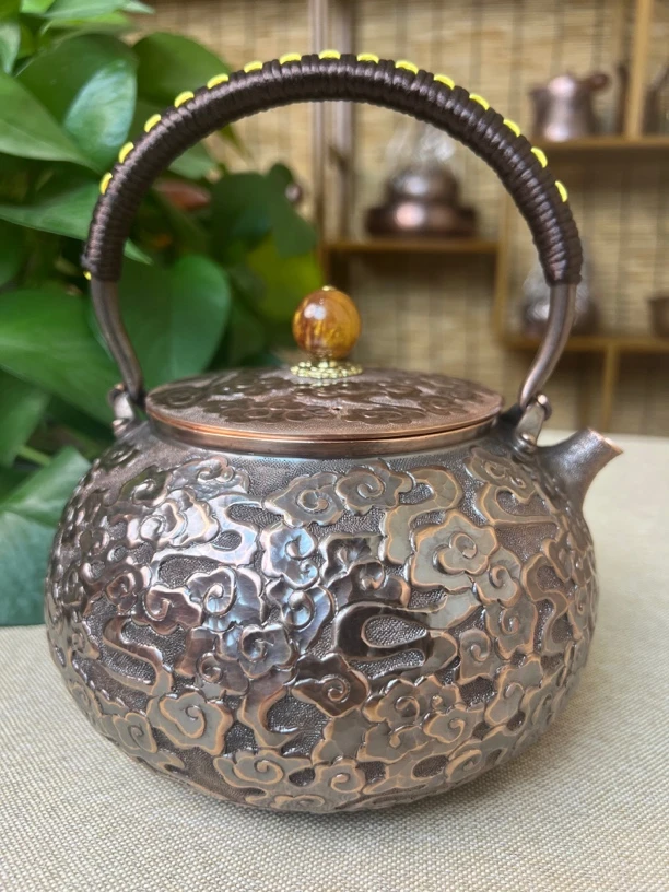 （银盛铜器）1400毫升复古手工錾刻祥云一张打紫铜壶提梁壶家用