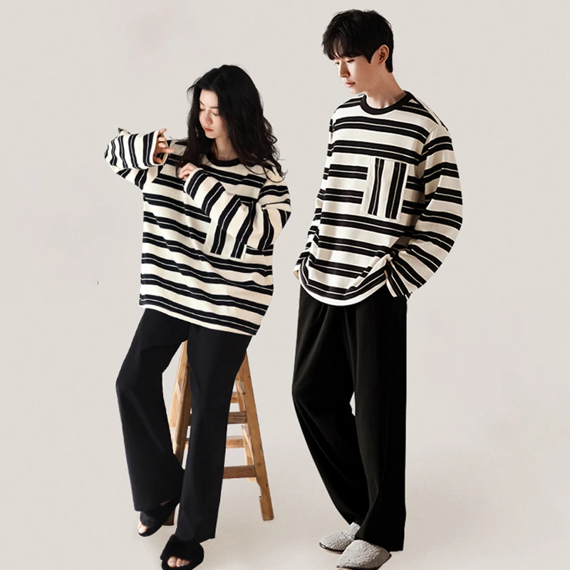 【黑白条纹】秋季情侣纯棉长袖长裤两件套睡衣休闲居家圆领家居服